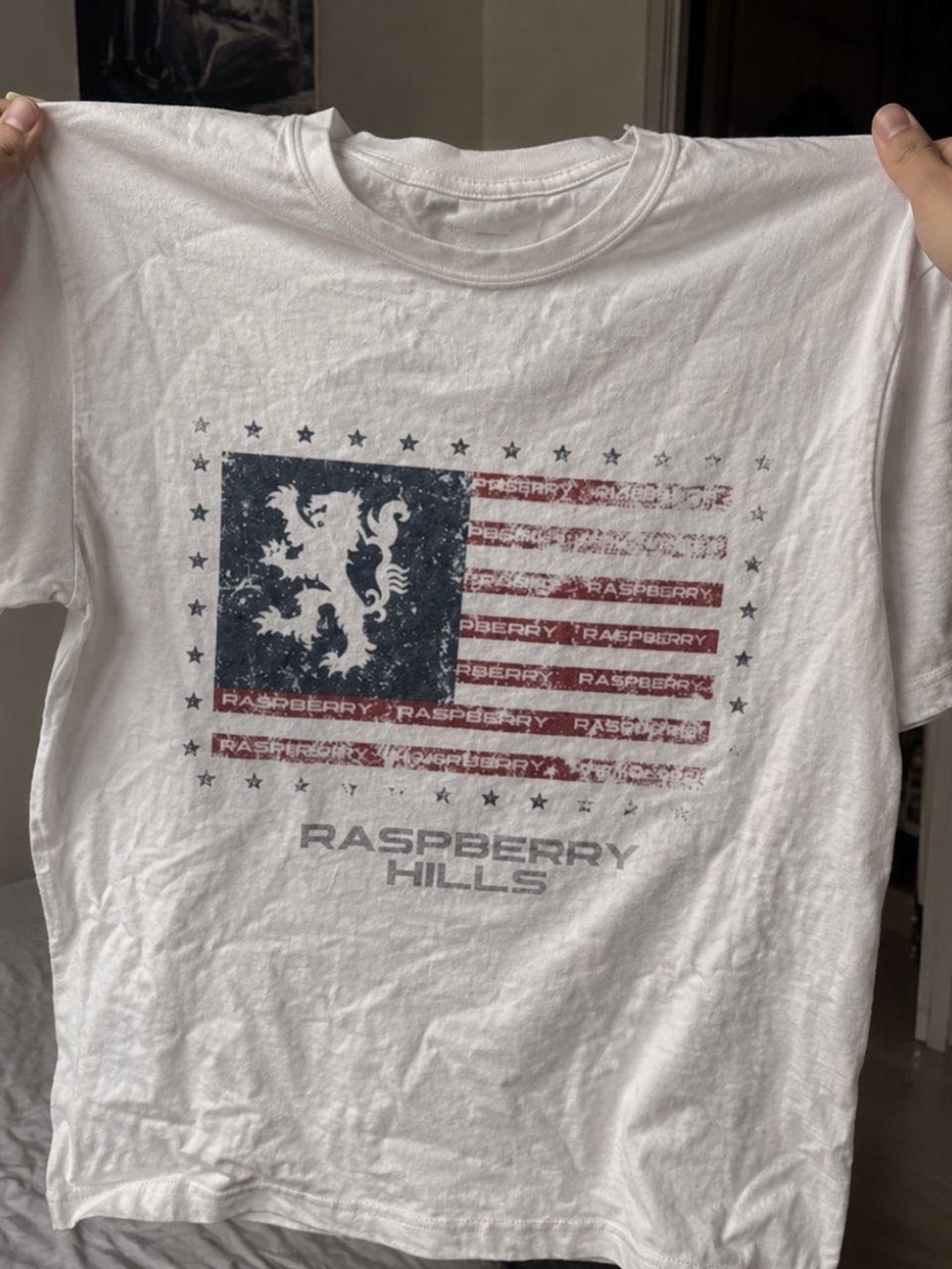 Gildan White Tee with Distressed Red and Blue Flag Graphic